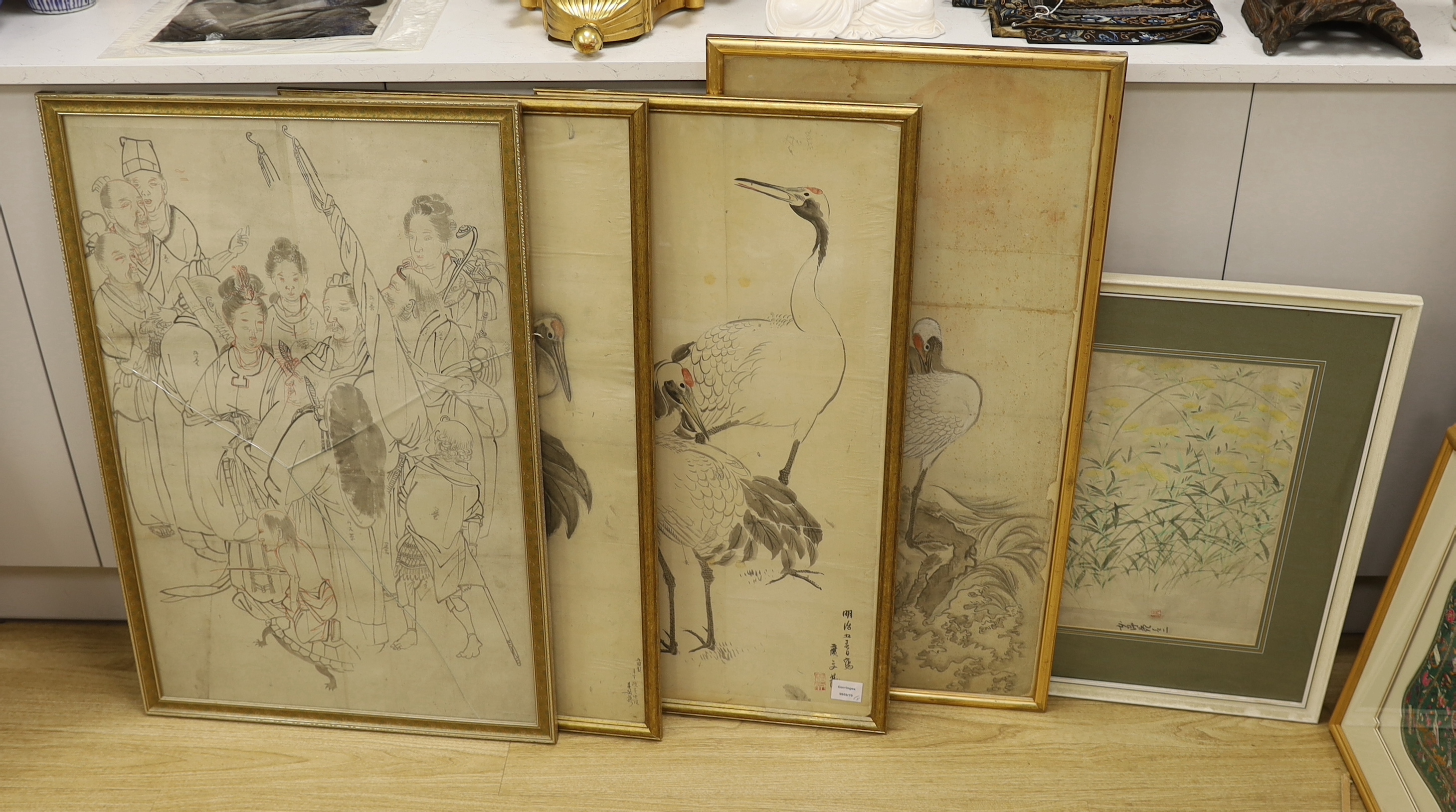 Japanese School, five watercolours, studies of cranes, figures and flowers, signed, largest 88cm x 42 cm